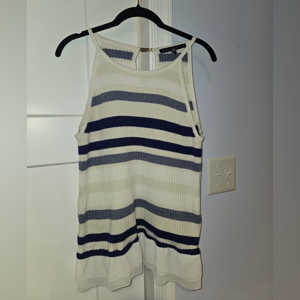 White House Black Market Cream and Navy Ribbed Tank